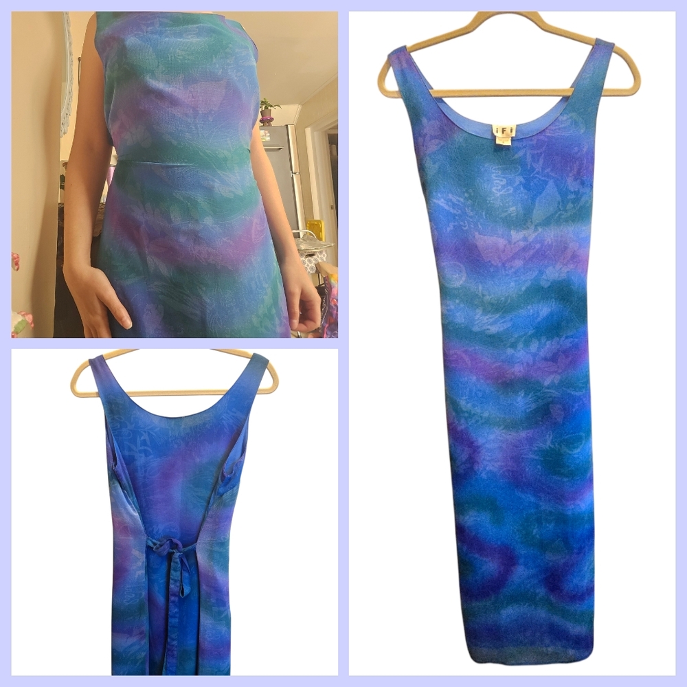 Vintage Maxi Dress 70s 80s Sheer Tie Back Blue Purple Floral Dyed Size Small IFI